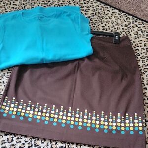 Geoffrey Beene Brown Skirt with Blue and Yellow Dots. Nwot. Top Also Nwot